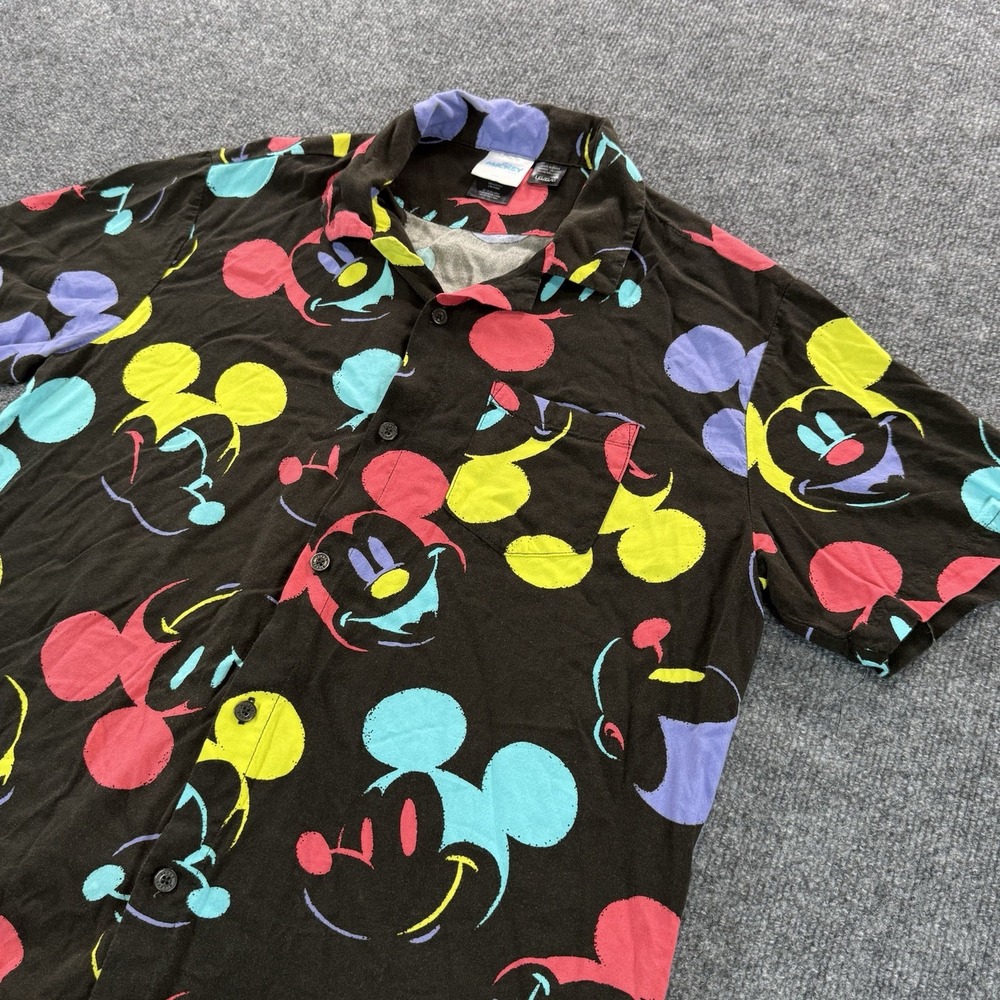 Disney Mickey Mouse Mens Large Black Hawaiian Button Up Shirt Short Sleeve Rayon